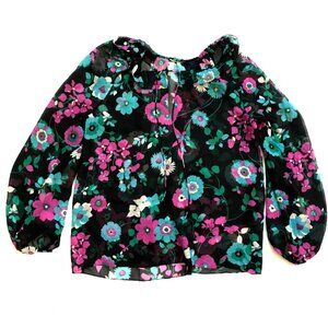 Saint Laurent YSL Floral Blouse Top Shirt Womens 38 M 6 Black Pink Long Sleeve